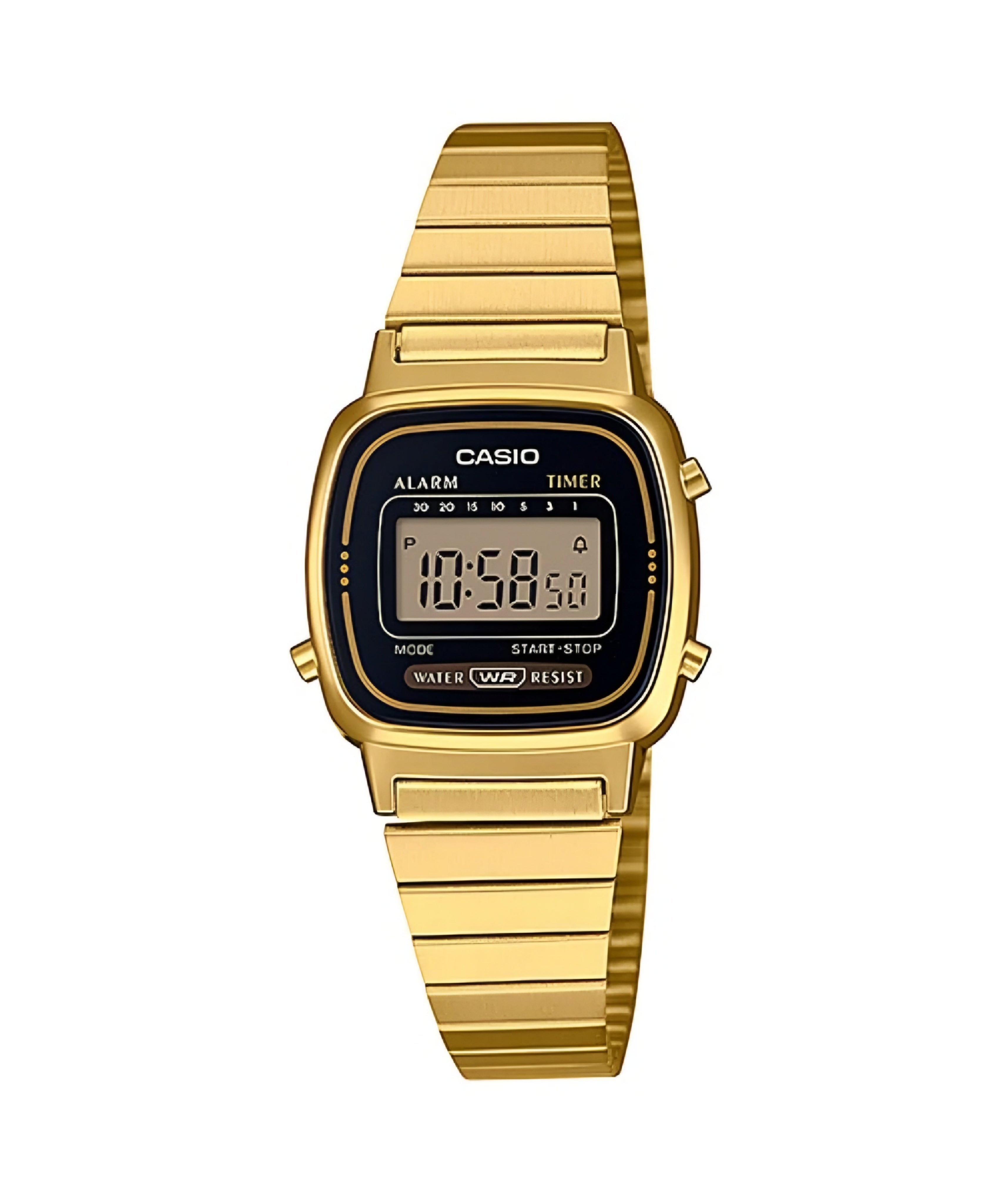 Gold Casio digital watch on a white background